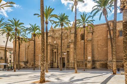 Fachada de la Catedral de Almería rodeada de palmeras