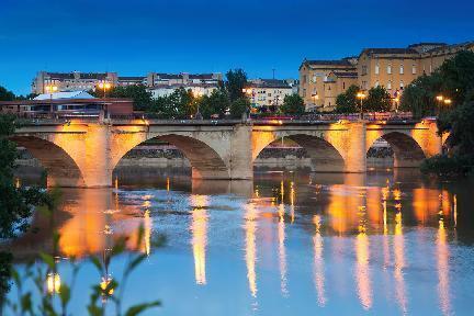Logroño, puente de piedra sobre el río Ebro, vista nocturna