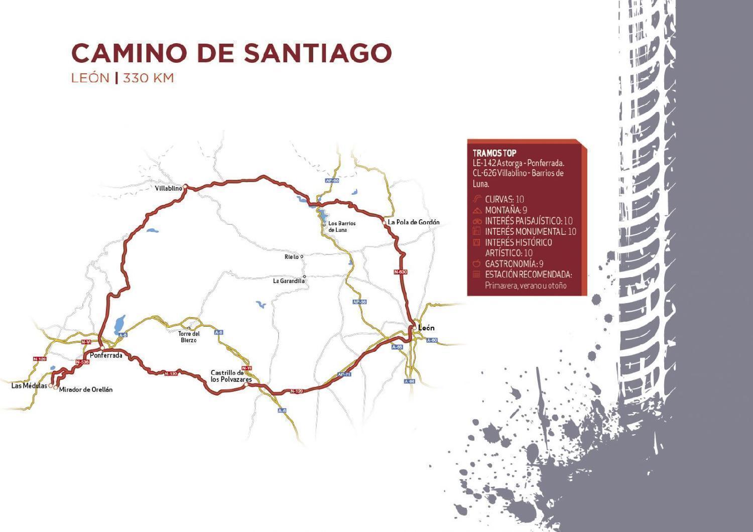 Mapa del recorrido Camino de Santiago por León del libro 101 rutas en moto por España de Anaya Touring